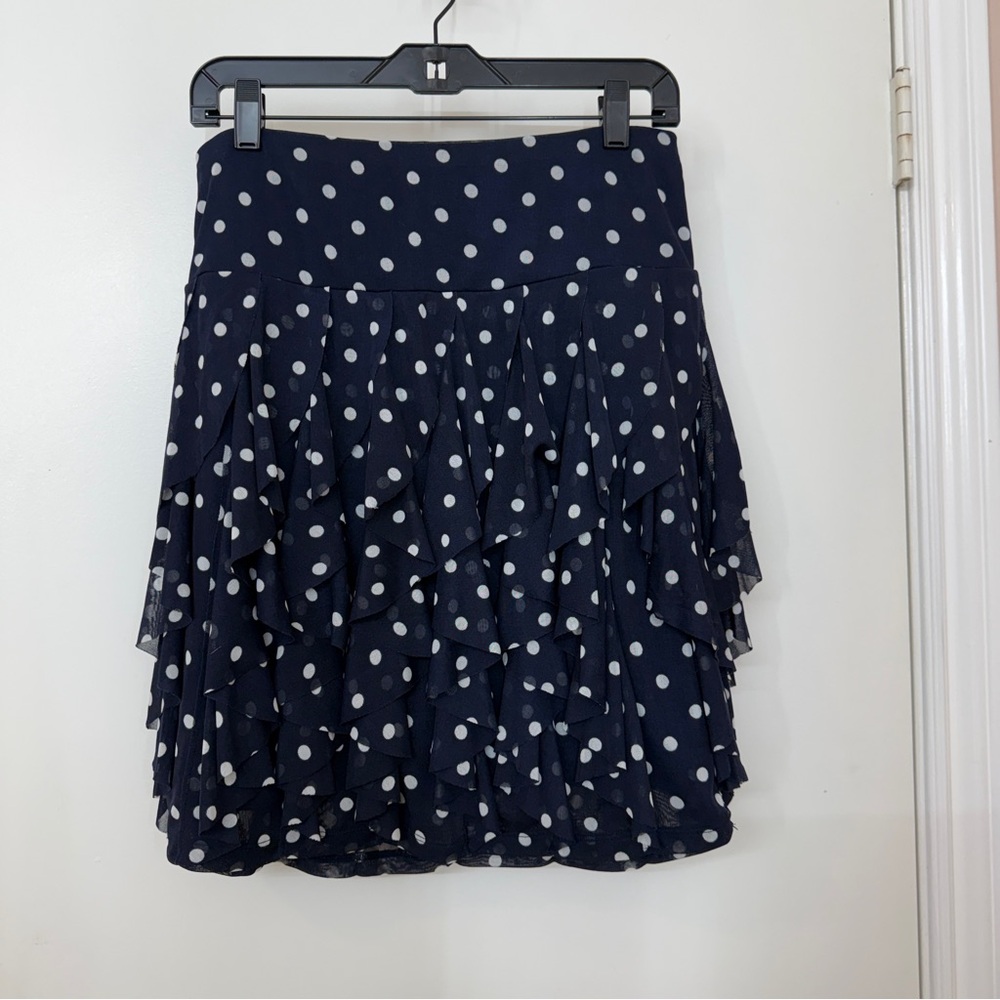 INC International Concepts Mini Skirt Navy Blue White Polka Dot Ruffled Size M